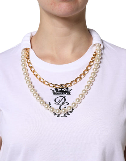 Dolce &amp; Gabbana White Chain Pearl Cotton Round Neck T-shirt