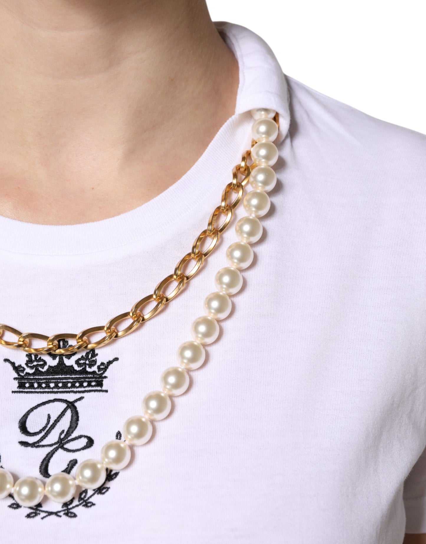 Dolce &amp; Gabbana White Chain Pearl Cotton Round Neck T-shirt