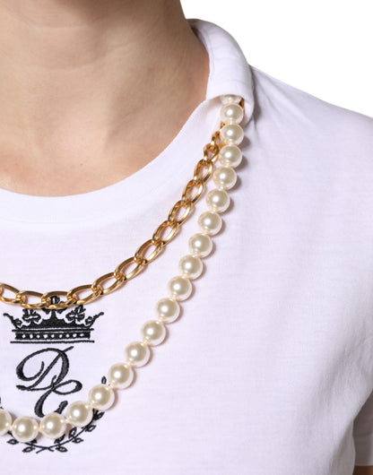 Dolce &amp; Gabbana White Chain Pearl Cotton Round Neck T-shirt