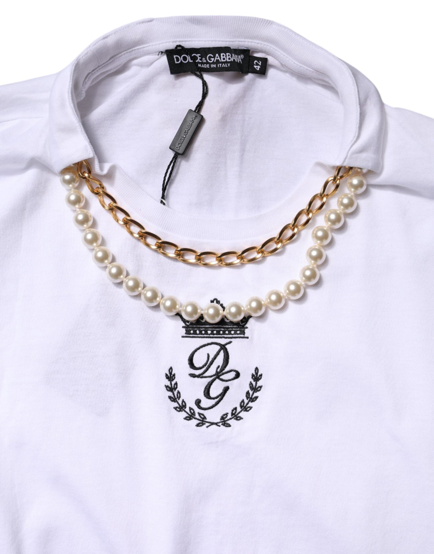 Dolce &amp; Gabbana White Chain Pearl Cotton Round Neck T-shirt