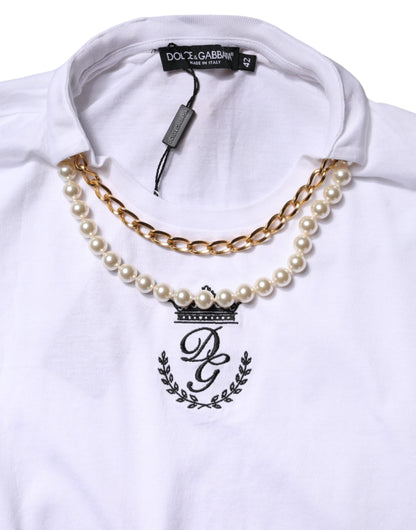 Dolce &amp; Gabbana White Chain Pearl Cotton Round Neck T-shirt
