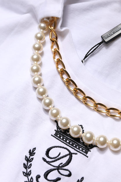 Dolce &amp; Gabbana White Chain Pearl Cotton Round Neck T-shirt