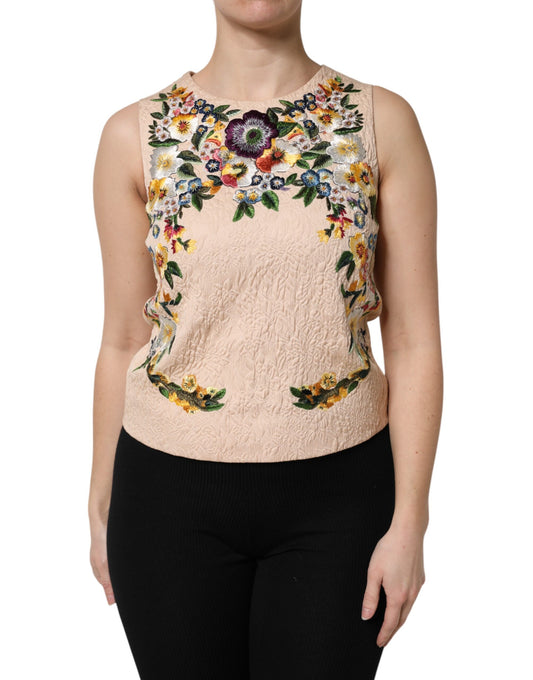 Dolce &amp; Gabbana Beige Floral Embroidery Sleeveless Tank Top