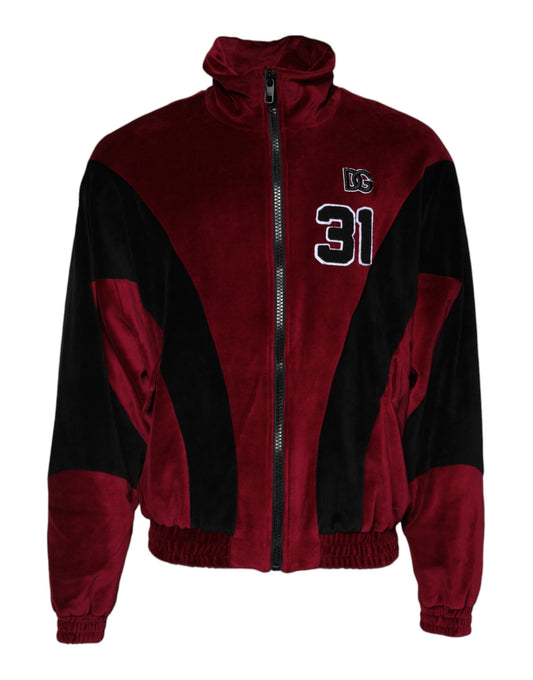 Dolce &amp; Gabbana Red Black Cotton Logo FullZip Bomber Jacket