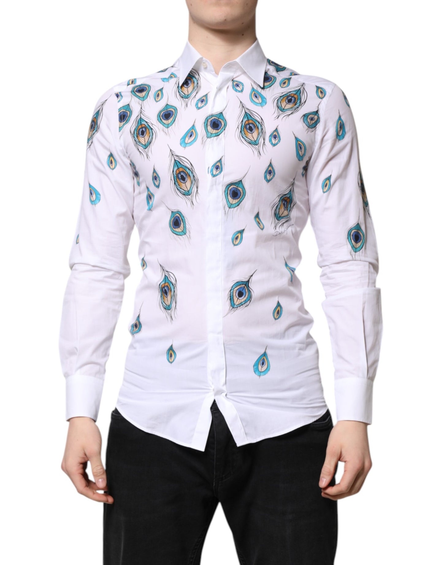 Dolce & Gabbana White Cotton Feather Print GOLD Dress Shirt by Dolce & Gabbana