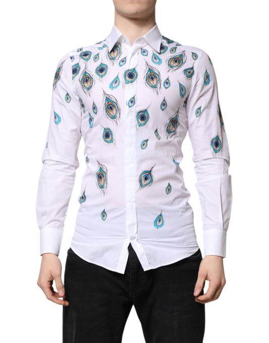 Dolce & Gabbana White Cotton Feather Print GOLD Dress Shirt by Dolce & Gabbana