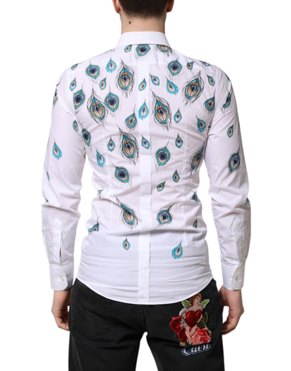 Dolce & Gabbana White Cotton Feather Print GOLD Dress Shirt by Dolce & Gabbana