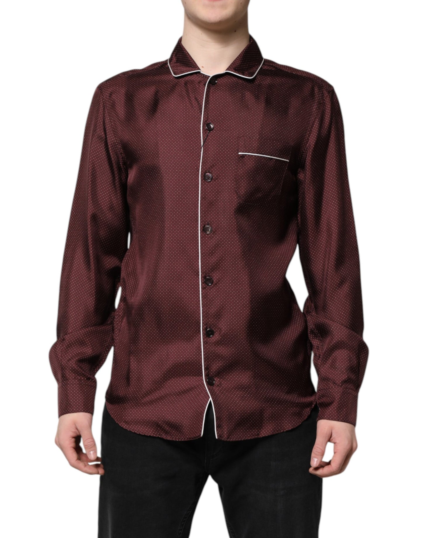 Dolce & Gabbana Burgundy Silk Dotted Long Sleeves Shirt by Dolce & Gabbana