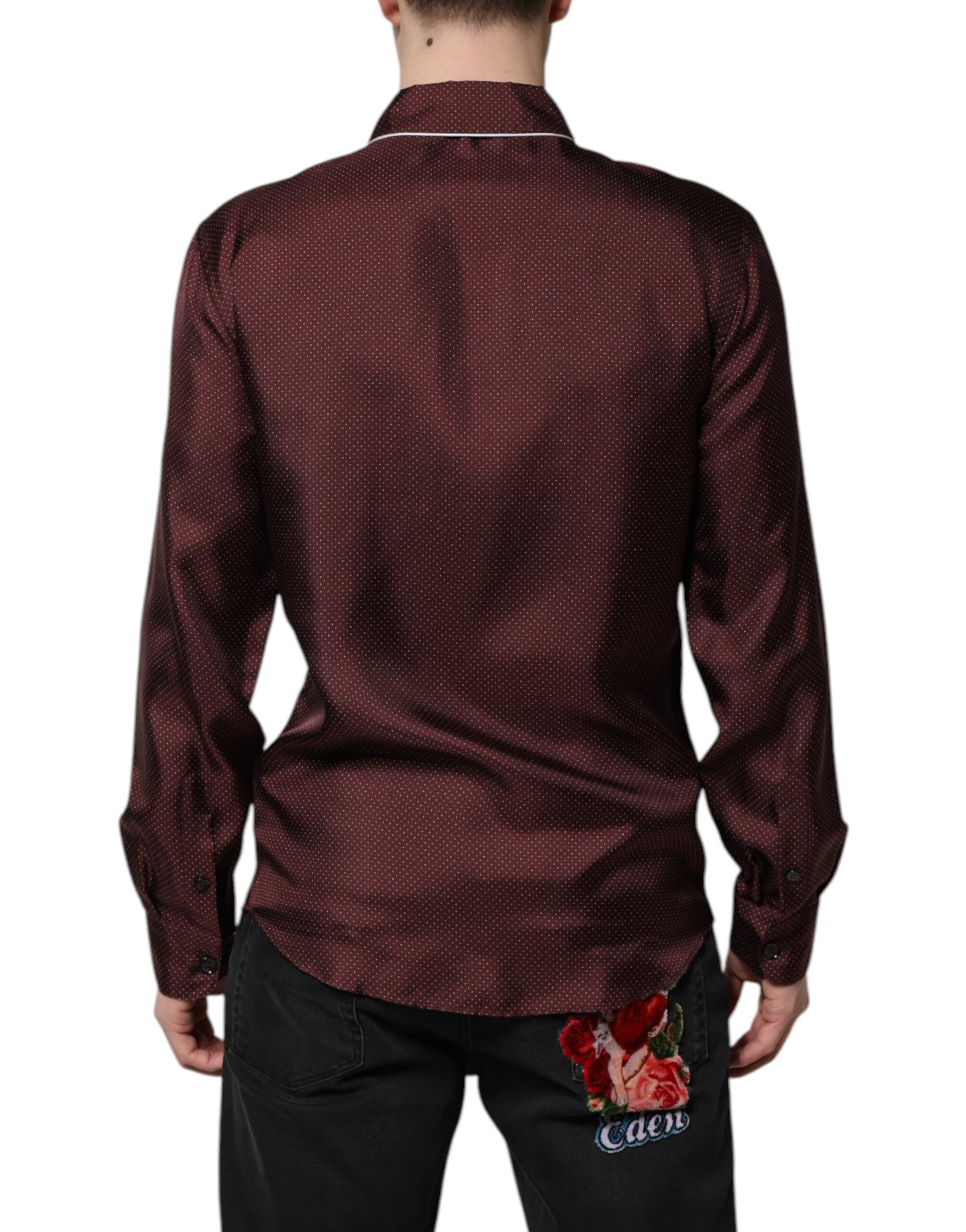 Dolce & Gabbana Burgundy Silk Dotted Long Sleeves Shirt by Dolce & Gabbana