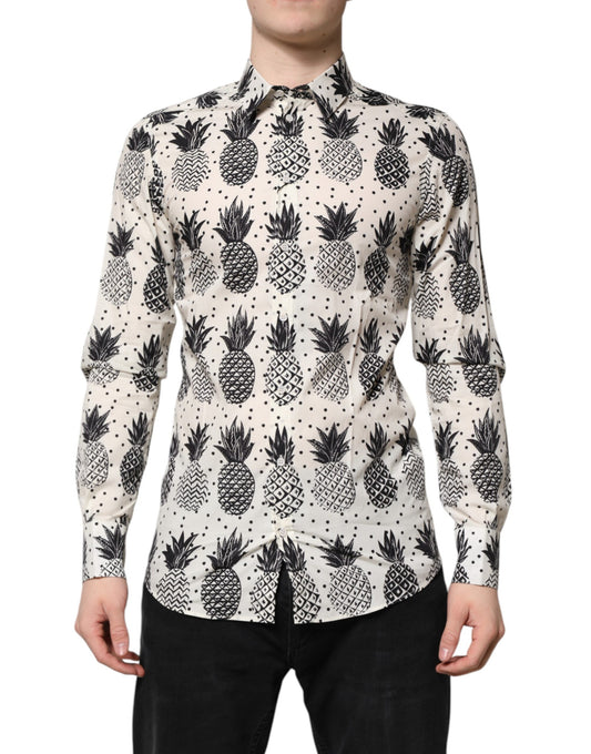 Dolce & Gabbana White Pineapple Print Long Sleeve GOLD Shirt by Dolce & Gabbana