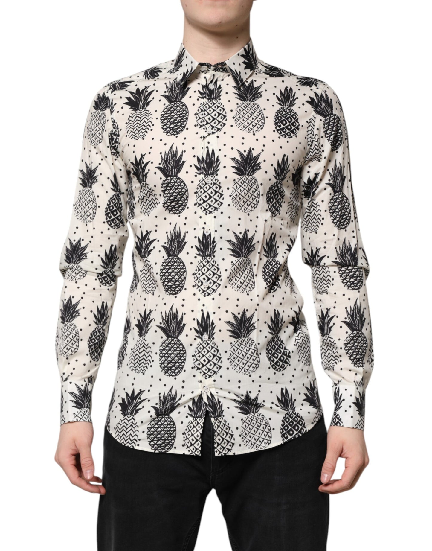 Dolce & Gabbana White Pineapple Print Long Sleeve GOLD Shirt by Dolce & Gabbana