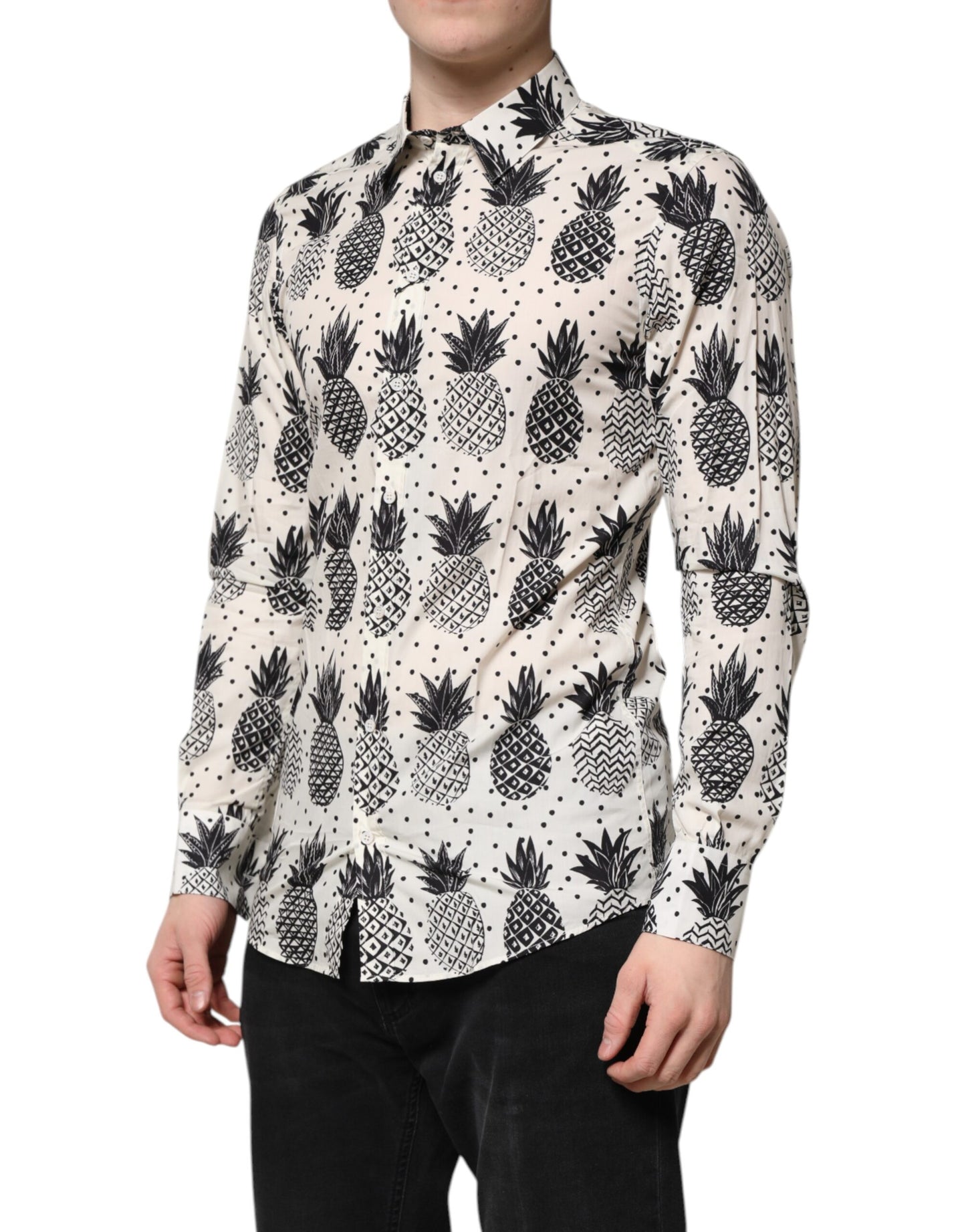 Dolce & Gabbana White Pineapple Print Long Sleeve GOLD Shirt by Dolce & Gabbana