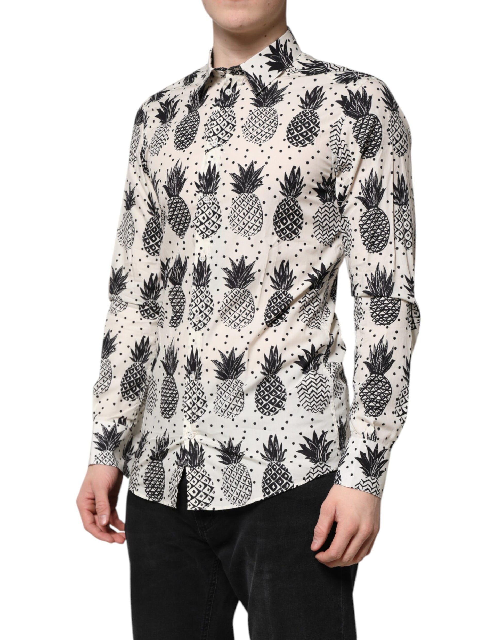 Dolce & Gabbana White Pineapple Print Long Sleeve GOLD Shirt by Dolce & Gabbana