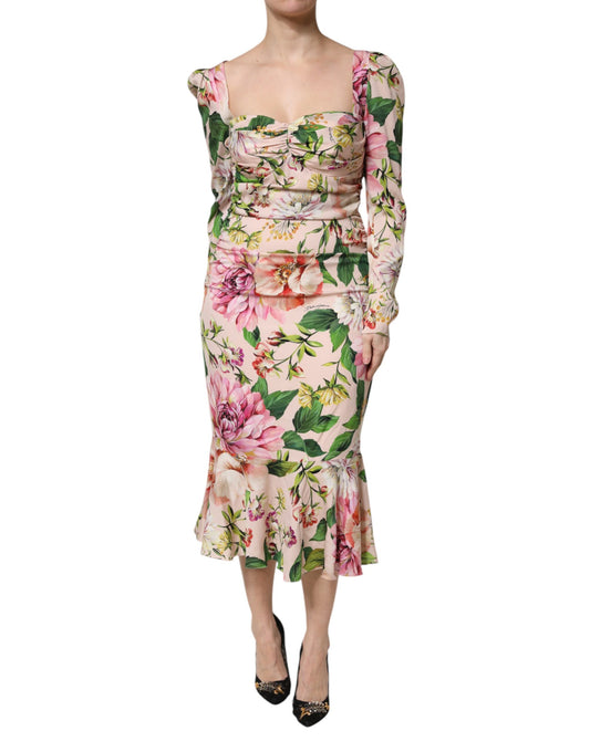 Dolce &amp; Gabbana Pink Floral Silk Fit And Flared Midi Dress