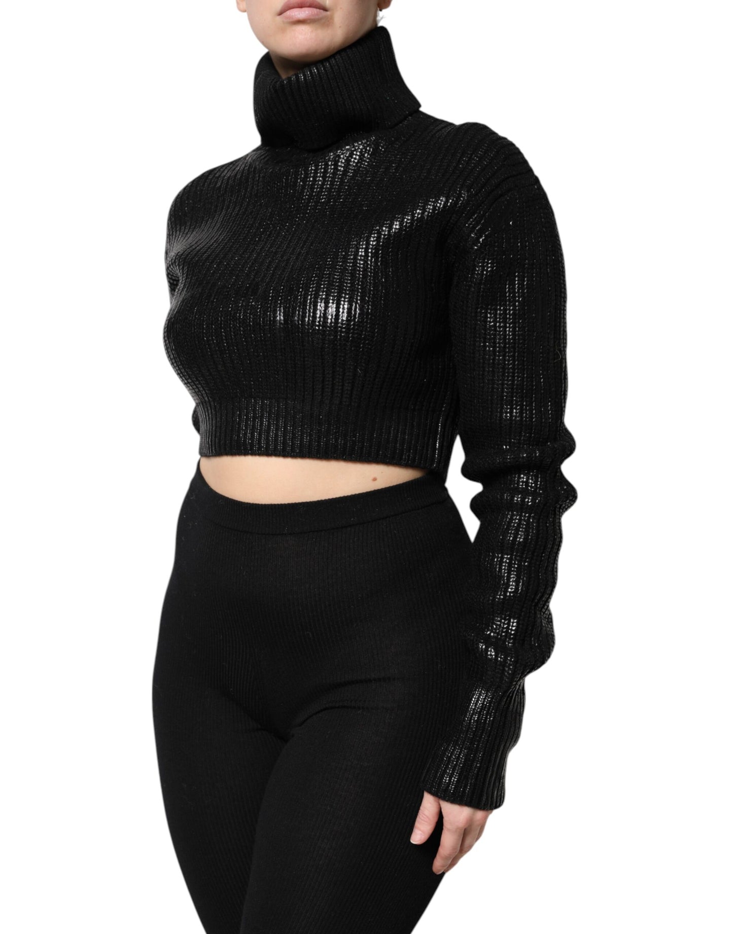 Dolce & Gabbana Black Wool Long Sleeve Turtleneck Cropped Top by Dolce & Gabbana