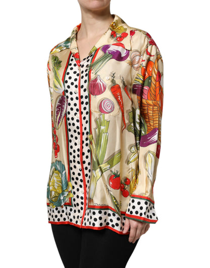 Dolce & Gabbana Multicolor Vegetables Silk Long Sleeves Top by Dolce & Gabbana
