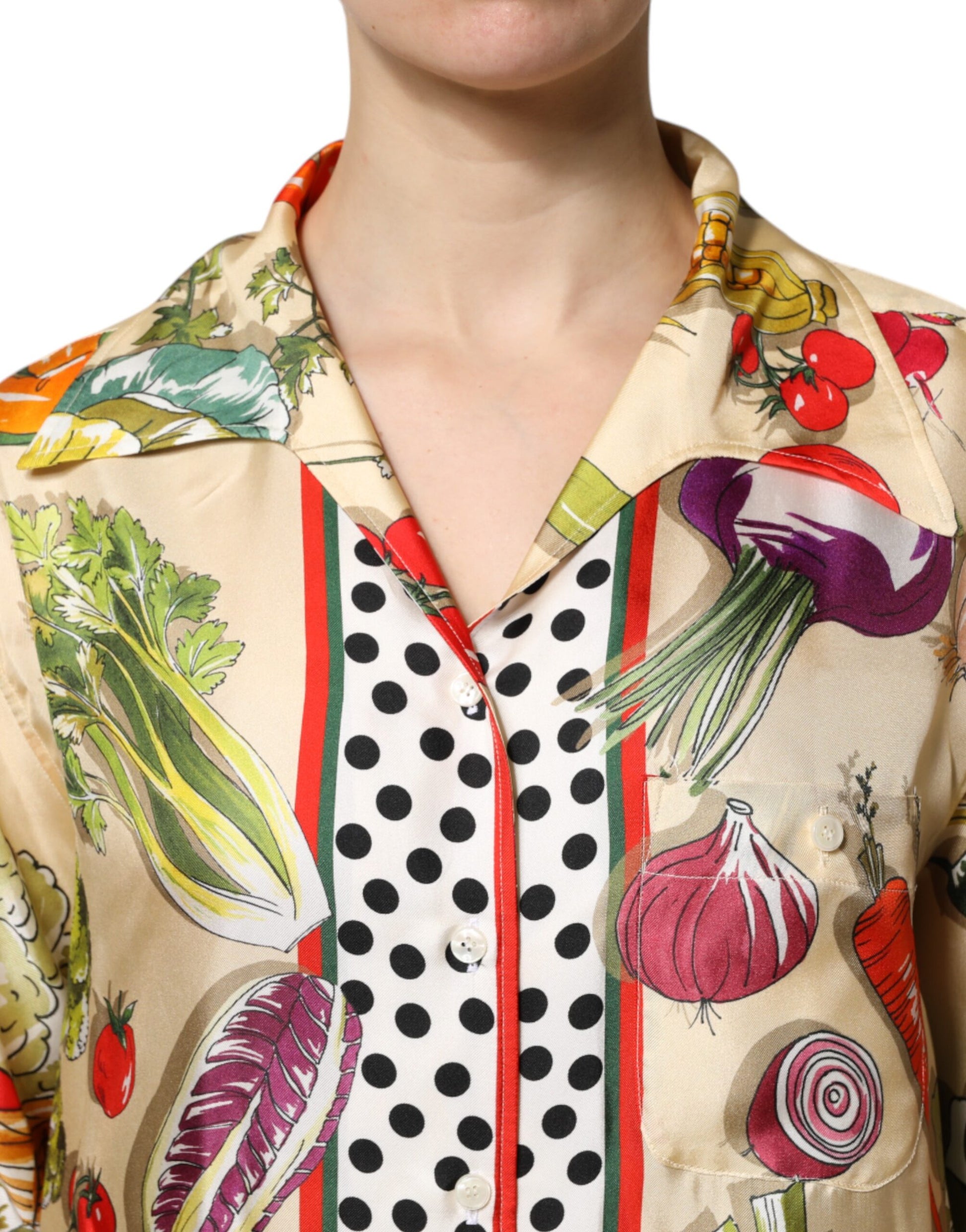Dolce & Gabbana Multicolor Vegetables Silk Long Sleeves Top by Dolce & Gabbana
