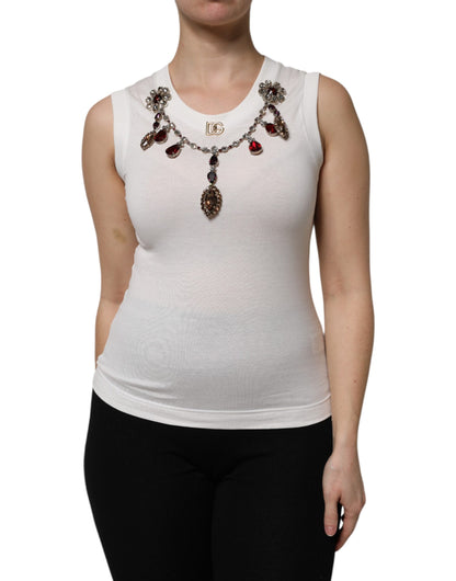 Dolce & Gabbana White Cotton Logo Crystal Detailing Tank Top by Dolce & Gabbana