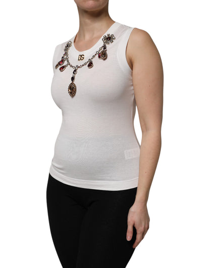 Dolce & Gabbana White Cotton Logo Crystal Detailing Tank Top by Dolce & Gabbana