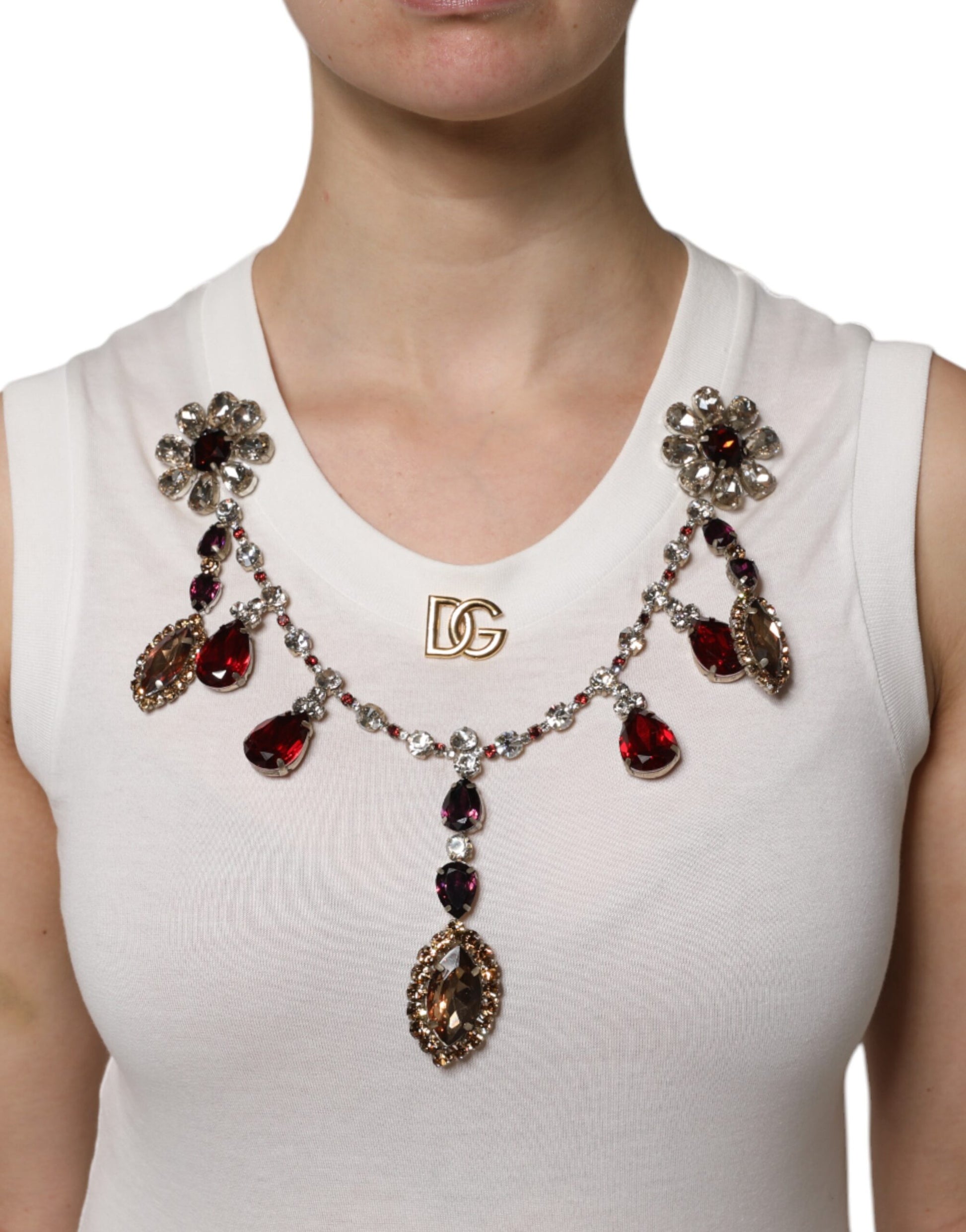 Dolce & Gabbana White Cotton Logo Crystal Detailing Tank Top by Dolce & Gabbana