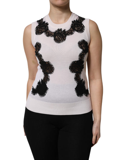 Dolce & Gabbana White Cashmere Floral Lace Detailing Tank Top by Dolce & Gabbana