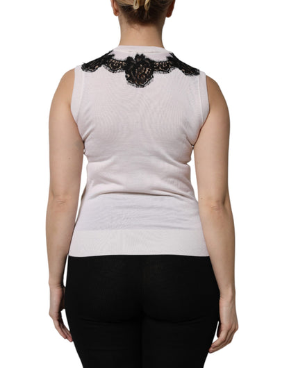 Dolce & Gabbana White Cashmere Floral Lace Detailing Tank Top by Dolce & Gabbana