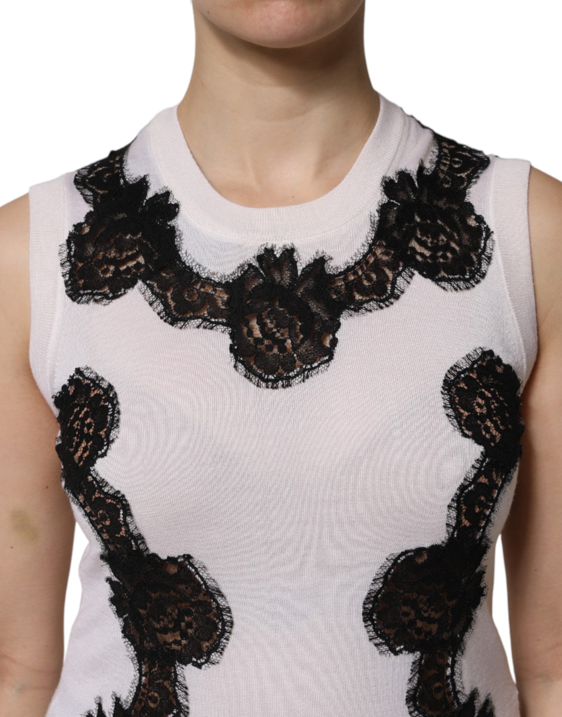 Dolce & Gabbana White Cashmere Floral Lace Detailing Tank Top by Dolce & Gabbana