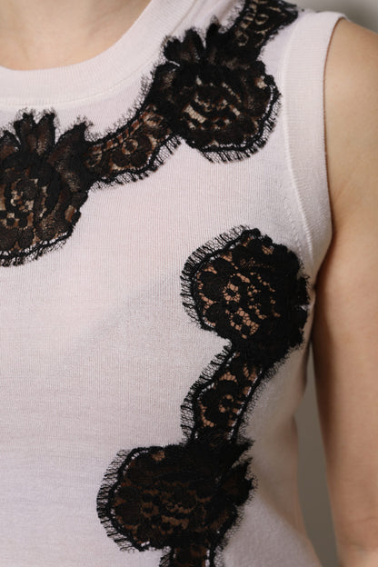 Dolce & Gabbana White Cashmere Floral Lace Detailing Tank Top by Dolce & Gabbana