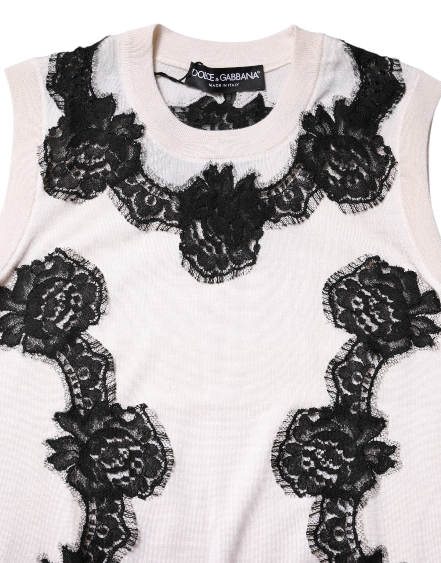Dolce & Gabbana White Cashmere Floral Lace Detailing Tank Top by Dolce & Gabbana
