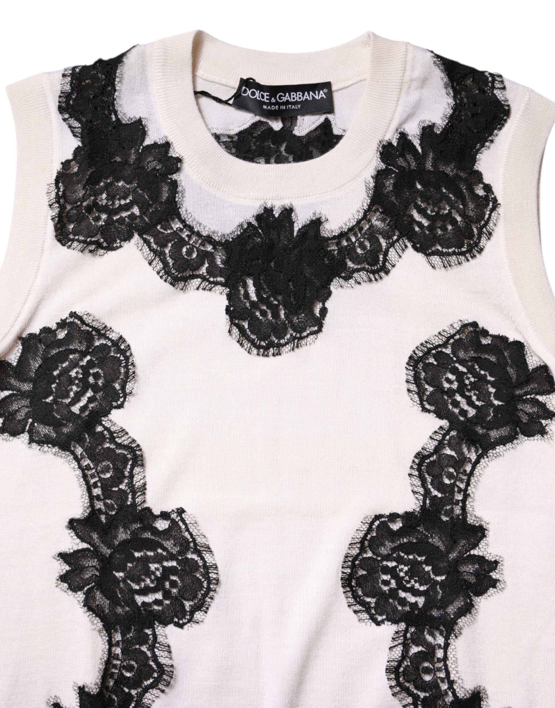 Dolce & Gabbana White Cashmere Floral Lace Detailing Tank Top by Dolce & Gabbana