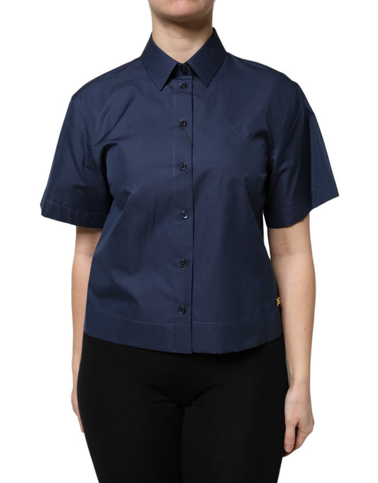 Haut boutonné à manches courtes en coton bleu Dolce &amp; Gabbana