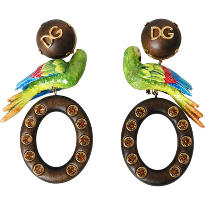 Boucles d'oreilles Dolce &amp; Gabbana en bois de perroquet multicolore, laiton et cristal