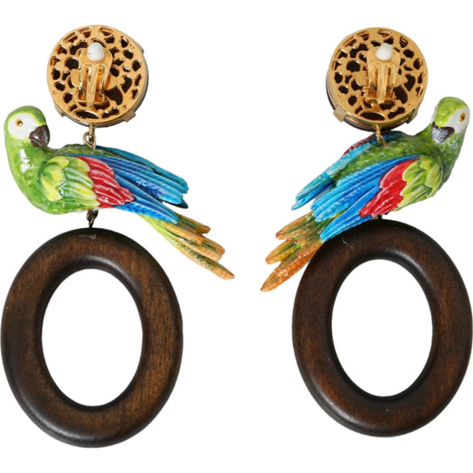 Boucles d'oreilles Dolce &amp; Gabbana en bois de perroquet multicolore, laiton et cristal