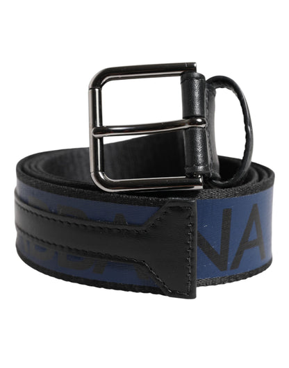 Ceinture Dolce &amp; Gabbana noire et bleue avec boucle en métal argenté et logo DG