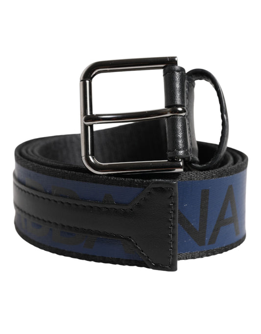 Ceinture Dolce &amp; Gabbana noire et bleue avec boucle en métal argenté et logo DG
