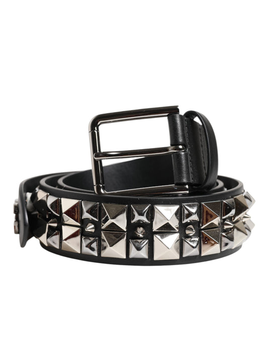 Ceinture Dolce &amp; Gabbana en cuir de veau noir avec boucle argentée cloutée