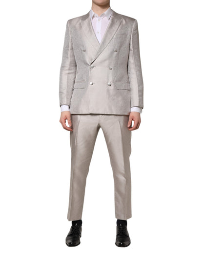 Costume 2 pièces Dolce &amp; Gabbana en soie jacquard gris clair à pois