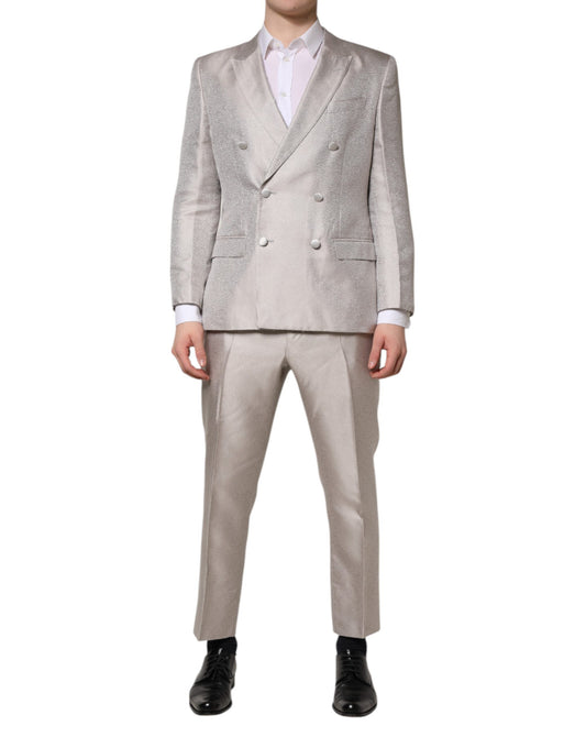 Costume 2 pièces Dolce &amp; Gabbana en soie jacquard gris clair à pois