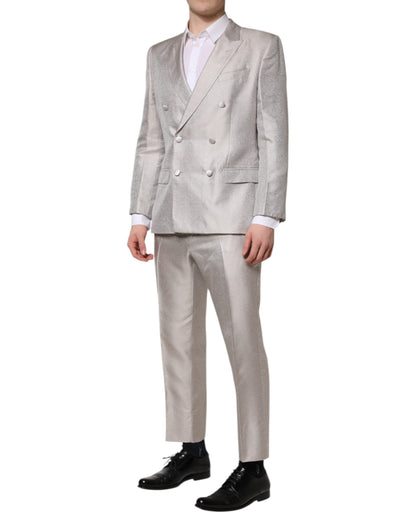 Costume 2 pièces Dolce &amp; Gabbana en soie jacquard gris clair à pois