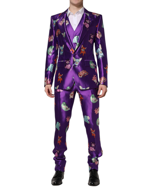Costume 3 pièces Dolce &amp; Gabbana en soie violette à imprimé animal