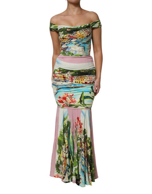 Dolce & Gabbana Multicolor Off Shoulder Long Sheath Dress by Dolce & Gabbana
