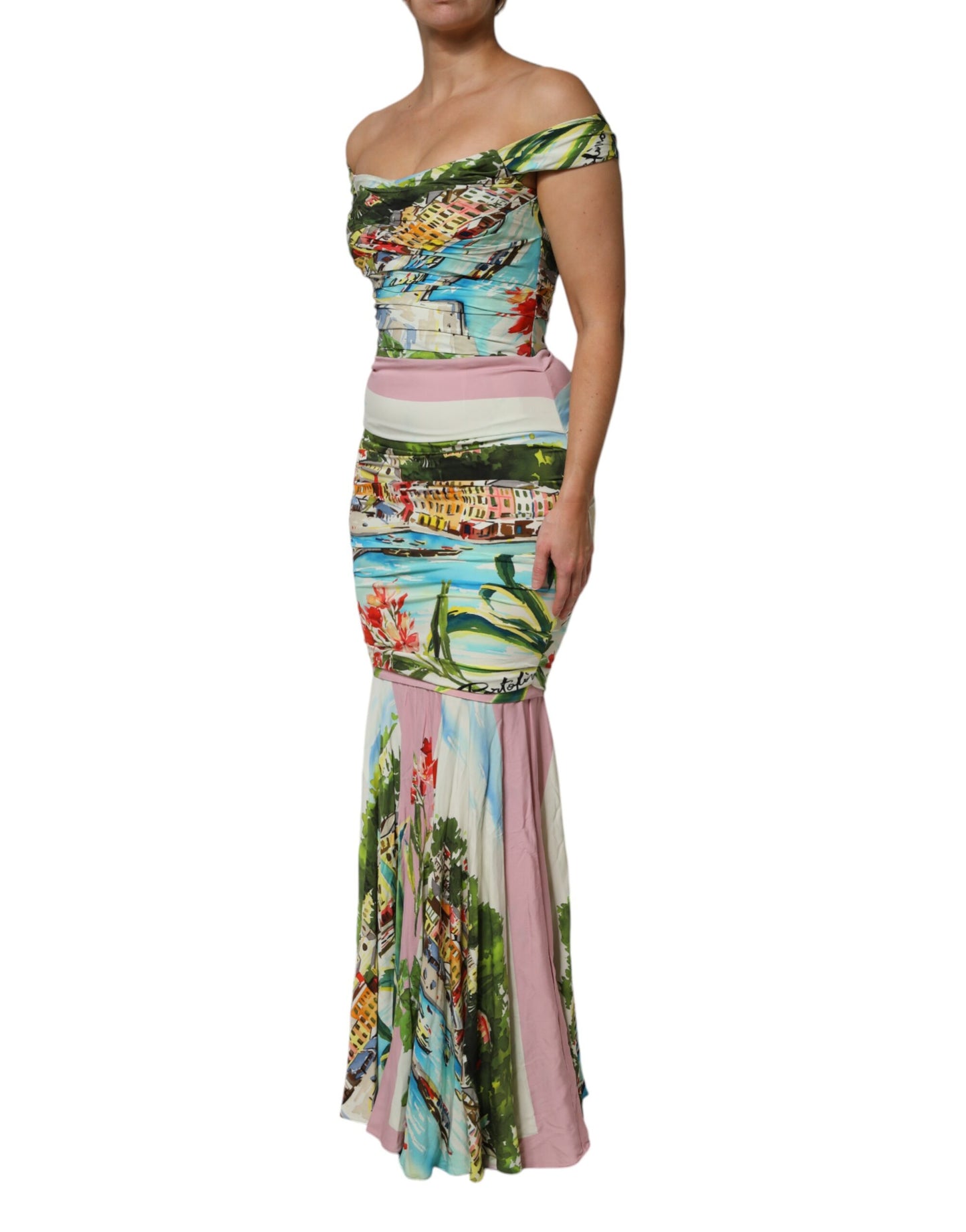 Dolce & Gabbana Multicolor Off Shoulder Long Sheath Dress by Dolce & Gabbana