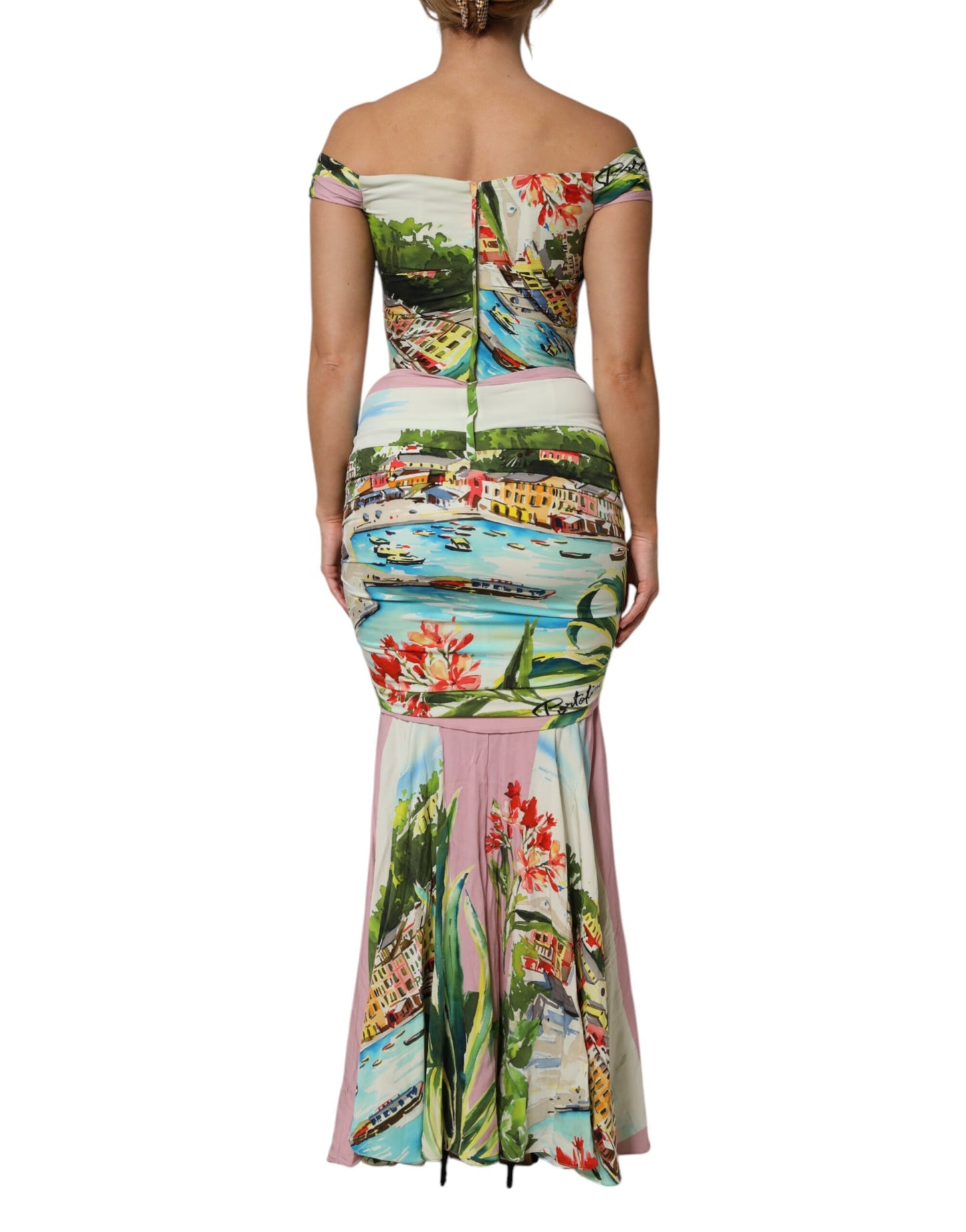 Dolce & Gabbana Multicolor Off Shoulder Long Sheath Dress by Dolce & Gabbana
