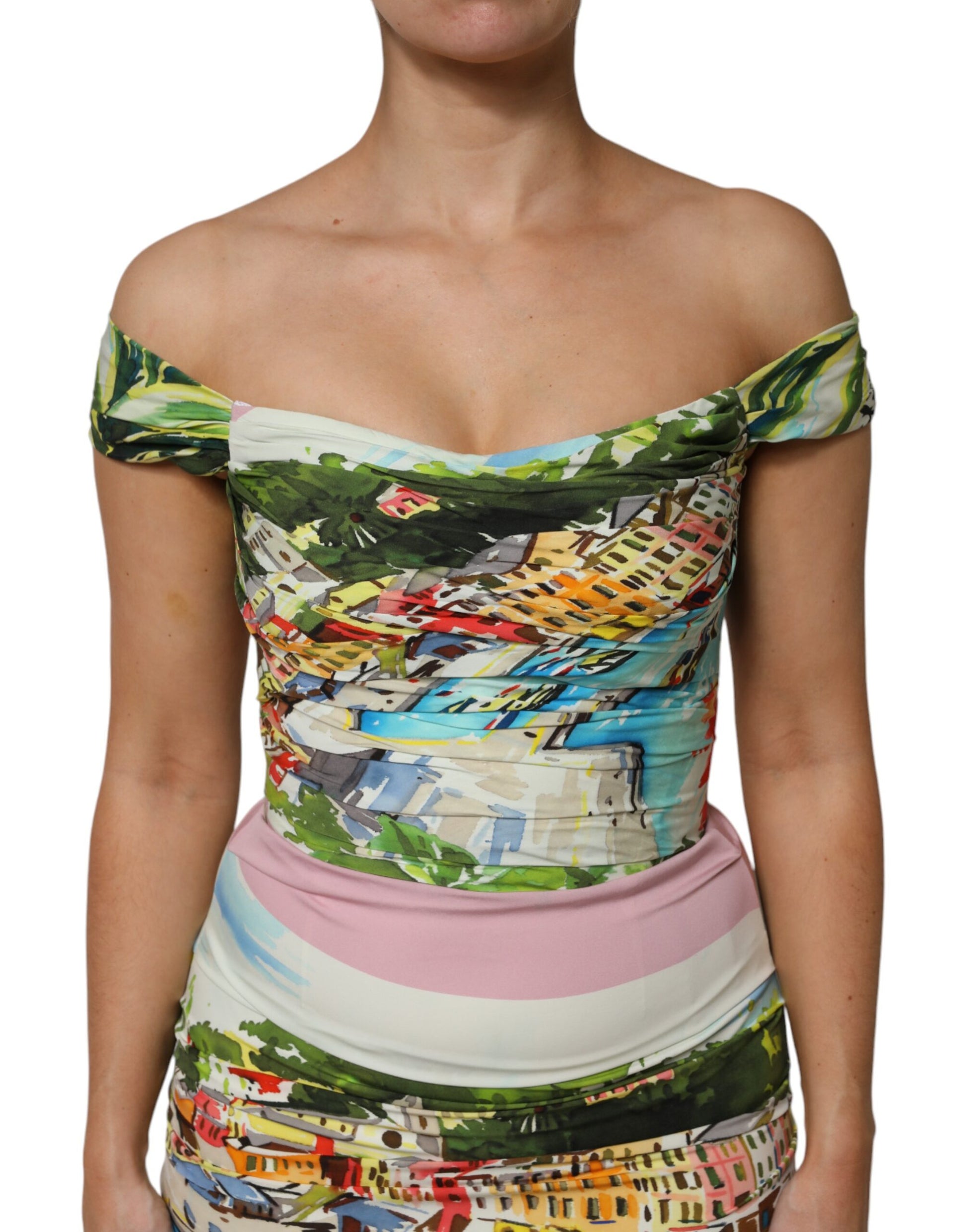 Dolce & Gabbana Multicolor Off Shoulder Long Sheath Dress by Dolce & Gabbana