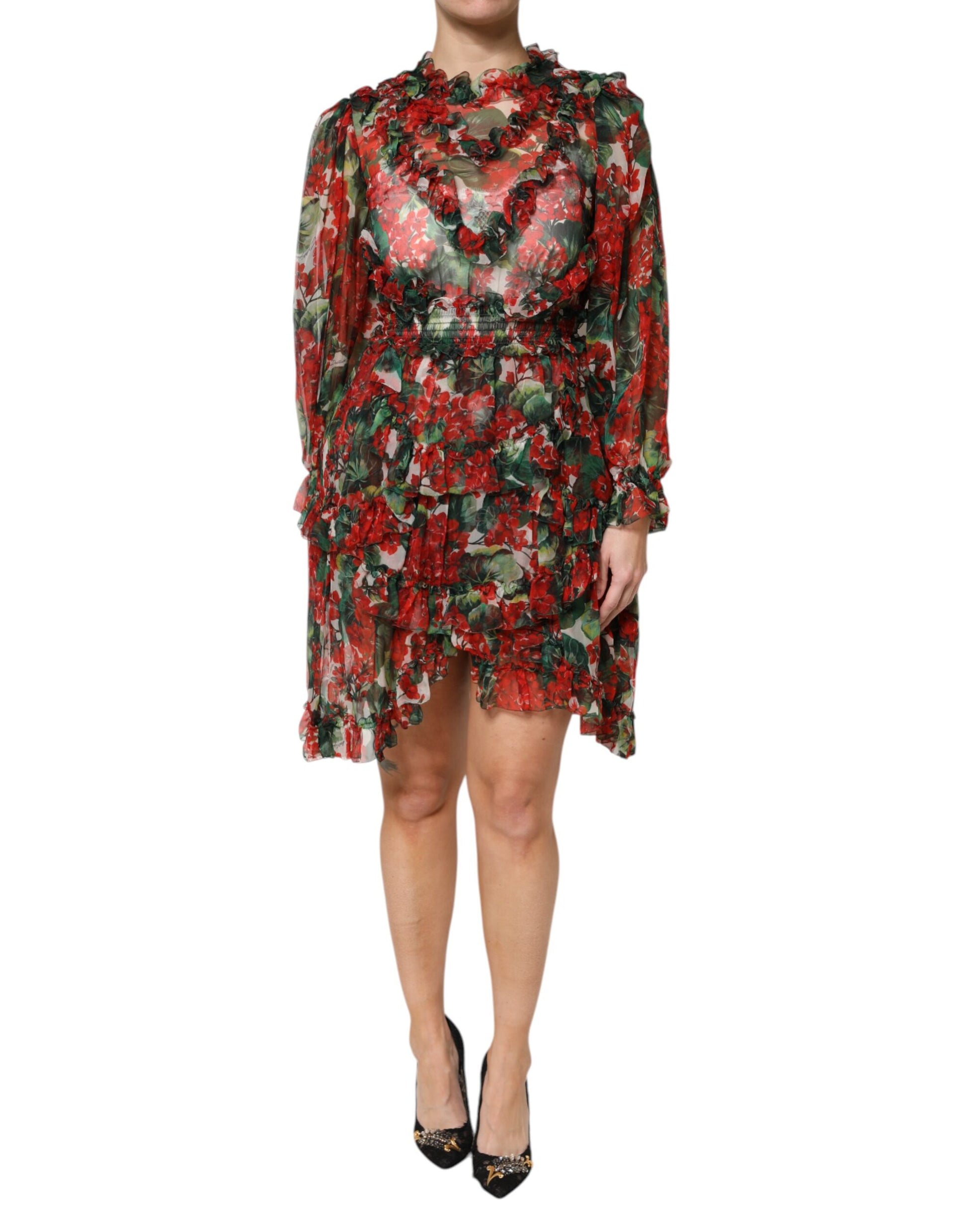 Dolce & Gabbana Multicolor Ruffle Floral Long Sleeves Dress by Dolce & Gabbana