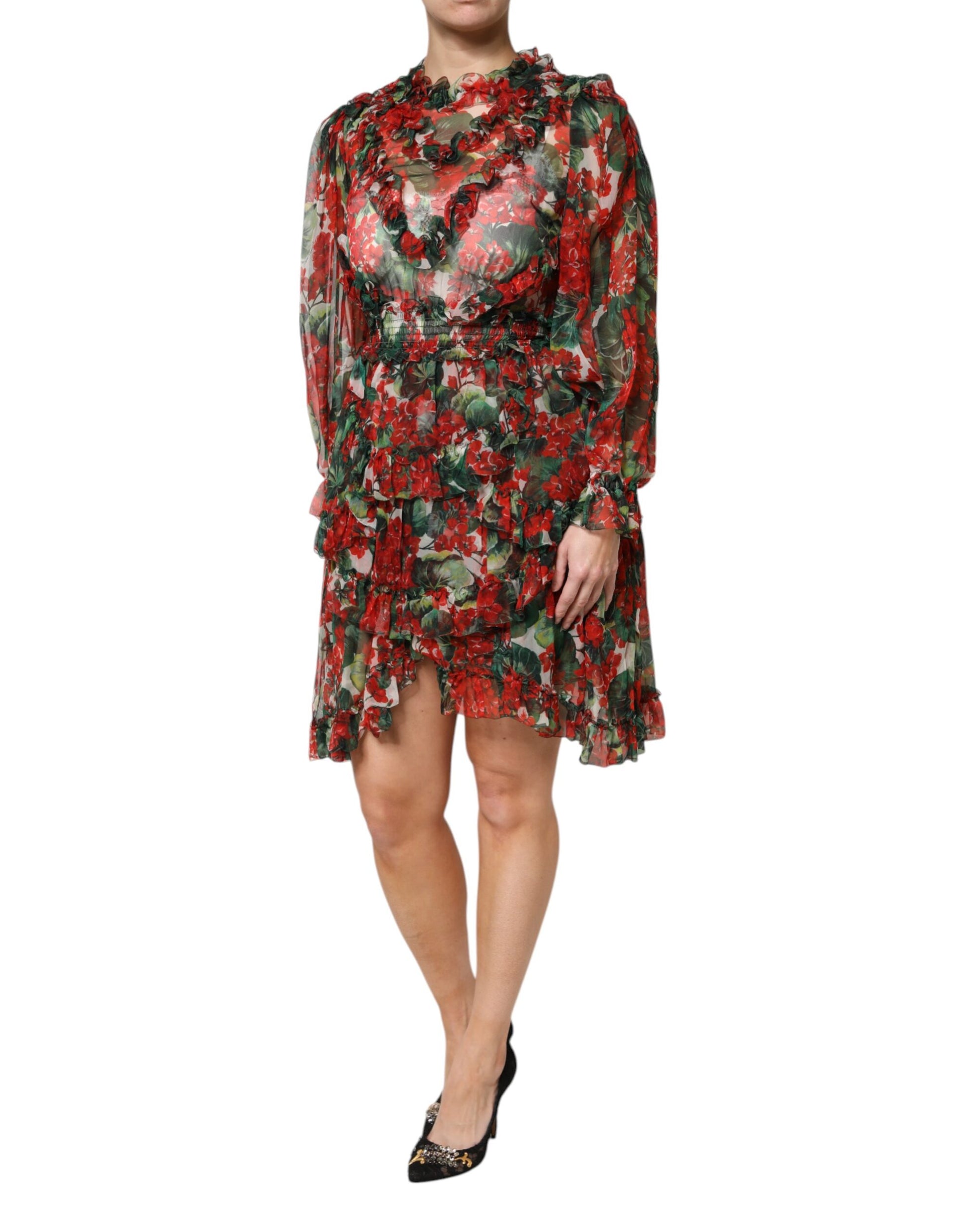 Dolce & Gabbana Multicolor Ruffle Floral Long Sleeves Dress by Dolce & Gabbana