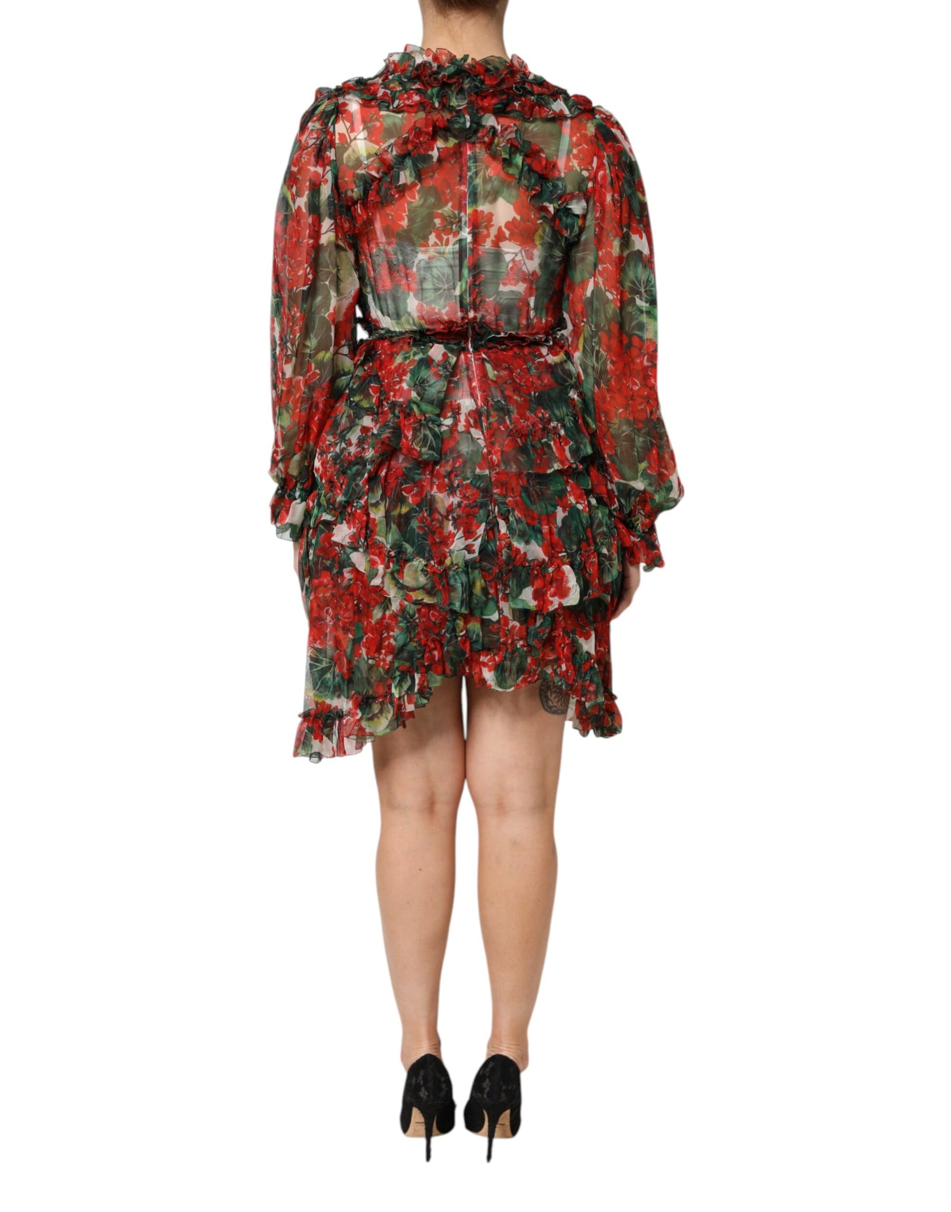 Dolce & Gabbana Multicolor Ruffle Floral Long Sleeves Dress by Dolce & Gabbana