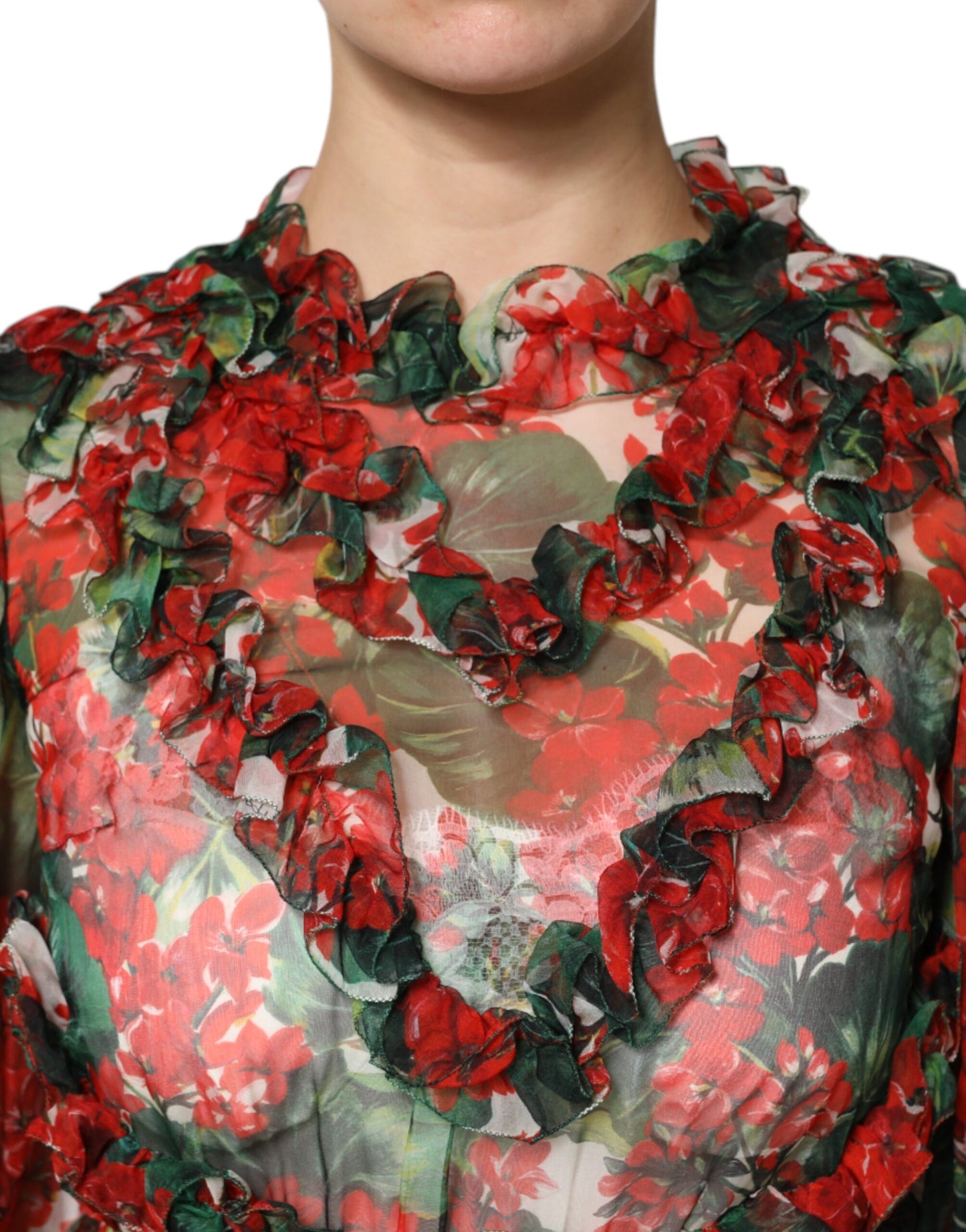 Dolce & Gabbana Multicolor Ruffle Floral Long Sleeves Dress by Dolce & Gabbana