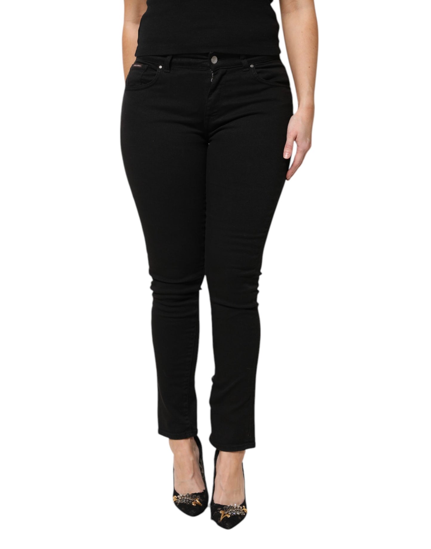 Dolce & Gabbana Black Cotton Logo Mid Waist Skinny Denim Jeans by Dolce & Gabbana