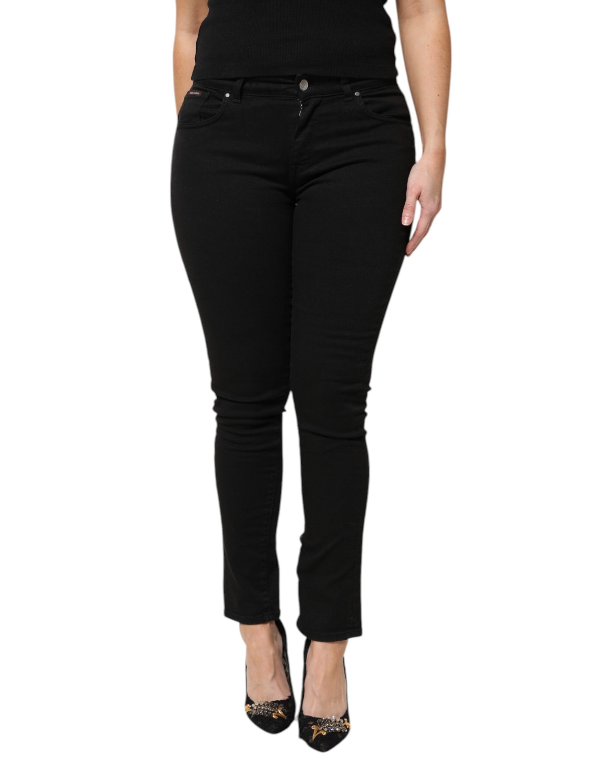 Dolce & Gabbana Black Cotton Logo Mid Waist Skinny Denim Jeans by Dolce & Gabbana
